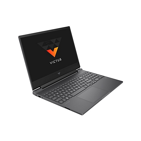 Dunkelgrauer Laptop mit geöffnetem Display. Auf dem Bildschirm das Logo 'VICTUS' mit einem orangefarbenen V auf schwarzem Hintergrund. Tastenfeld und Touchpad sind gut sichtbar.