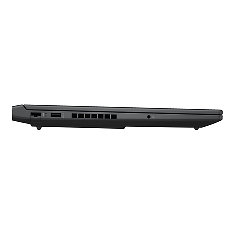 Seitenansicht eines schwarzen Laptops auf weißem Hintergrund, mit sichtbaren Anschlüssen und Lüftungsschlitzen.