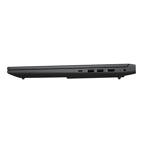 Seitenansicht eines schwarzen Laptops. Verschiedene Anschlüsse sind zu sehen: USB, HDMI und Stromanschluss.