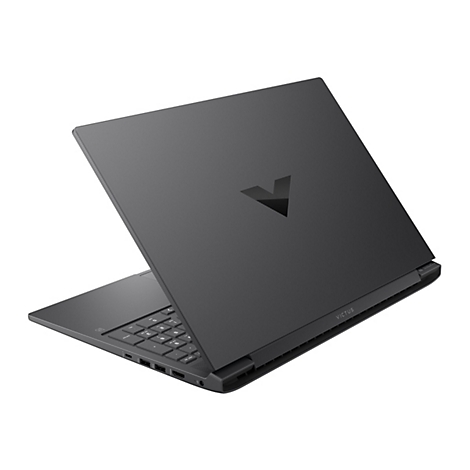 Dunkelgrauer Laptop mit geöffnetem Deckel. Das Logo ist ein V. Der Schriftzug VICTUS ist sichtbar.