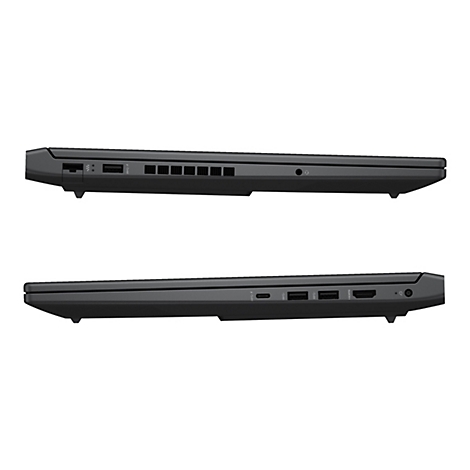 Zwei seitliche Ansichten eines schwarzen Laptops, die Anschlüsse und Lüftungsschlitze zeigen. Auf weißem Hintergrund.