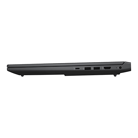 Nahaufnahme eines schwarzen Laptops von der Seite. Deutlich sind Anschlüsse wie USB, HDMI und Stromanschluss zu sehen.