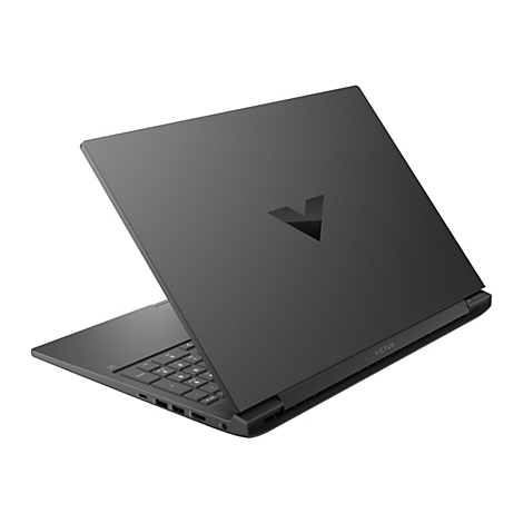 Dunkelgrauer Laptop im Winkel mit offenem Deckel, Victus-Logo.