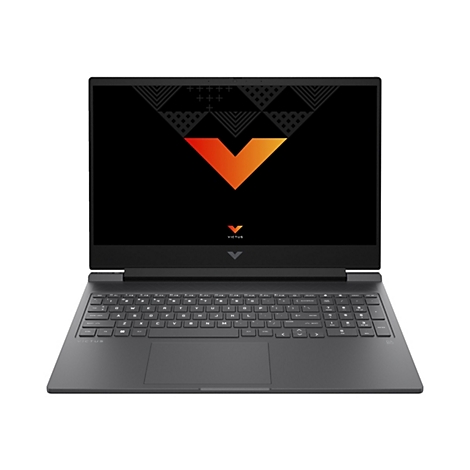 Ein schwarzer Laptop mit beleuchtetem Bildschirm, der das Logo "VICTUS" zeigt. Unterhalb des Bildschirms befindet sich eine Tastatur und ein Touchpad.