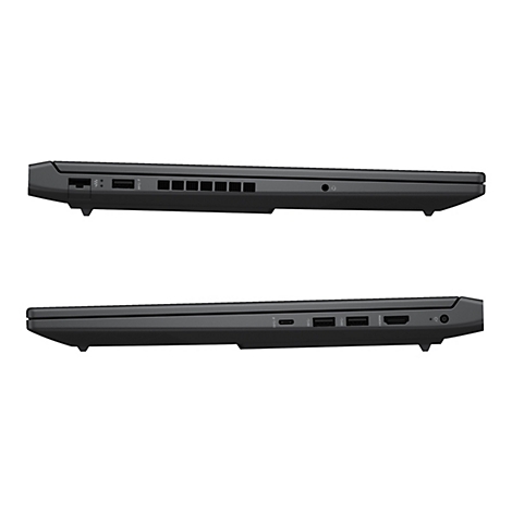 Draufsicht auf einen schwarzen Laptop mit Anschlüssen an beiden Seiten. Oben: USB, Lüfter, Audioausgang. Unten: USB, HDMI.