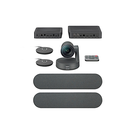 Videokonferenzsystem, bestehend aus Kamera, Lautsprechern, Mikrofonen, Steuergerät und Fernbedienung. Alles auf weißem Hintergrund.