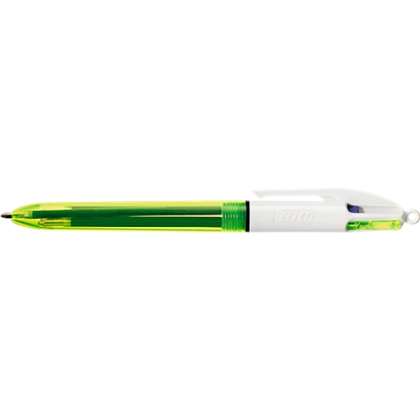 Mehrfarbiger BIC Kugelschreiber mit neongelbem, transparentem Schaft und weißem Oberteil vor neutralem Hintergrund.