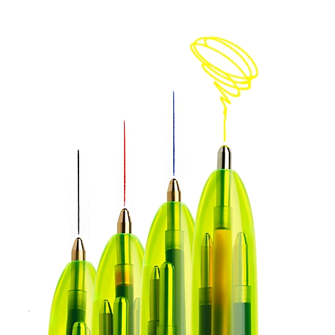 Vier neongele balpennen die lijnen tekenen in zwart, rood, blauw en een geel krabbelpatroon.