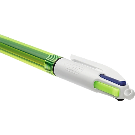 Close-up van de bovenkant van een witte Bic-pen met meerdere kleuren en een limoengroen deel van de behuizing.