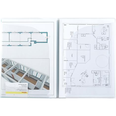 Two open folders with architectural plans: floor plans, 3D view of a room and business card.