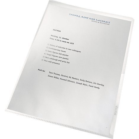 A transparent document sleeve holding a white sheet of paper. Blocks of text and a company logo are visible.