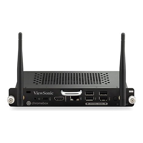 Schwarzer ViewSonic Chromebox Computer mit zwei Antennen. Auf der Vorderseite sind Logos und Anschlüsse zu sehen.