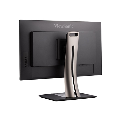 Rückansicht eines ViewSonic Monitors. Grauer Bildschirm, silberfarbener Ständer.