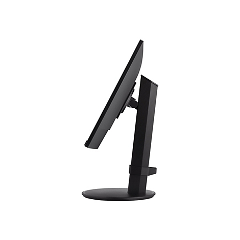 Un moniteur noir, vu de côté. Il repose sur une base ronde et est légèrement incliné au niveau du cadre de l'écran.