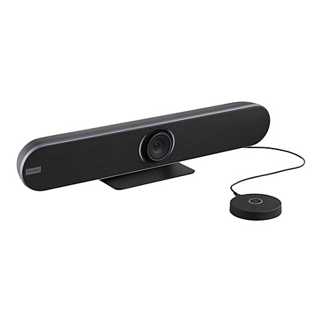 Eine schwarze Videokonferenz-Soundbar mit Kamera, Mikrofon und separatem Bedienmodul. Das ViewSonic-Logo ist sichtbar.