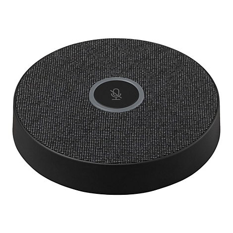 Runder, schwarzer Konferenzlautsprecher mit Mikrofon-Symbol in der Mitte.