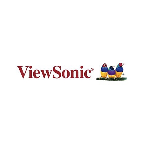 ViewSonic-Logo, roter Schriftzug, rechts davon drei farbige Vögel auf einem Ast.