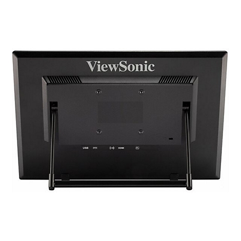 Rückseite eines schwarzen ViewSonic-Monitors mit Standfuß. Schriftzug: ViewSonic. Anschlüsse: USB, HDMI.