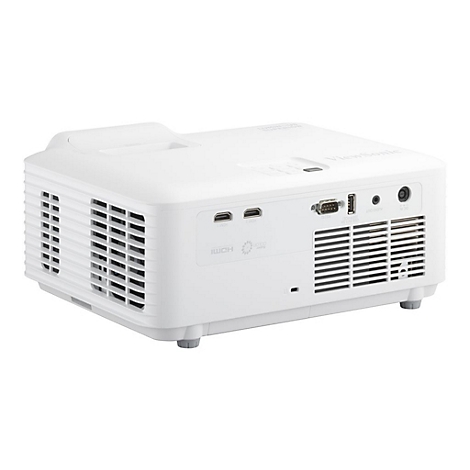 Projecteur ViewSonic blanc avec des fentes d'aération latérales. Des connecteurs pour l'alimentation, l'audio et HDMI sont visibles à l'arrière.
