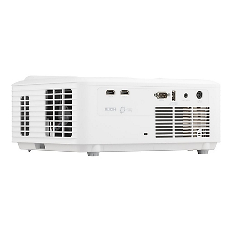 Projecteur blanc avec des fentes d'aération et des ports. Arrière avec HDMI, VGA, USB, sortie audio et ports d'alimentation.