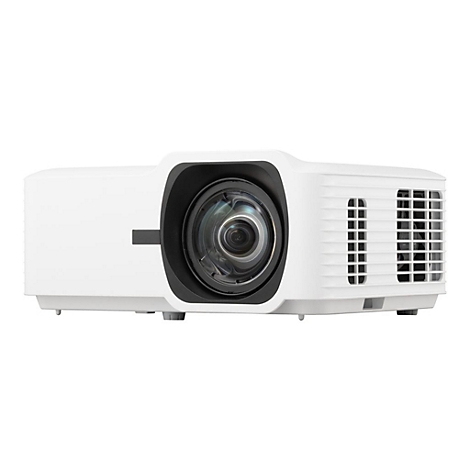 Projecteur blanc avec objectif noir. Grilles sur le côté.