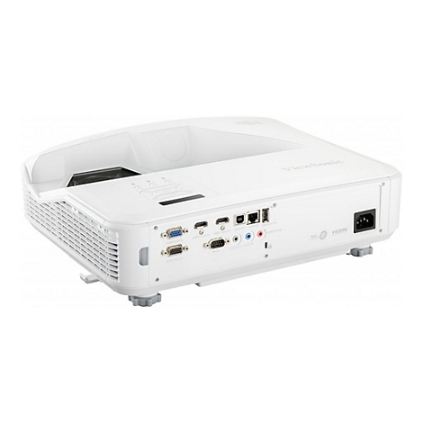 Projecteur ViewSonic blanc sur fond blanc. Connecteurs : HDMI, VGA, audio. Logo ViewSonic visible.