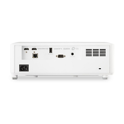 Rückseite eines weißen Projektors mit Anschlüssen für Strom, HDMI, Audio und USB. Aufschrift: CRESTRON, LASER, Super Color.