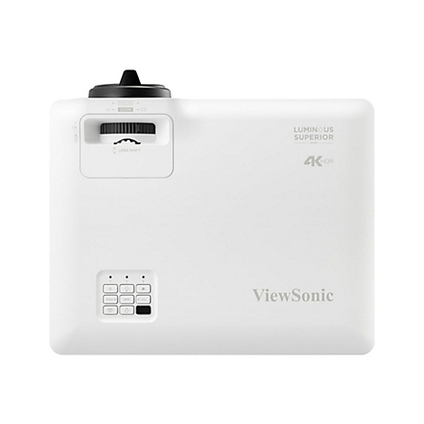 Weißer ViewSonic-Projektor mit Bedienelementen, Beschriftungen für Fokus und Zoom. "Luminous Superior"-Schriftzug.