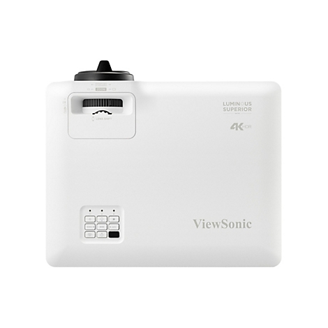 Nahaufnahme eines weißen ViewSonic-Projektors. Auf der Vorderseite befinden sich Bedienelemente und ein Objektivbereich, darüber steht "Luminous Superior" mit 4KHDR.