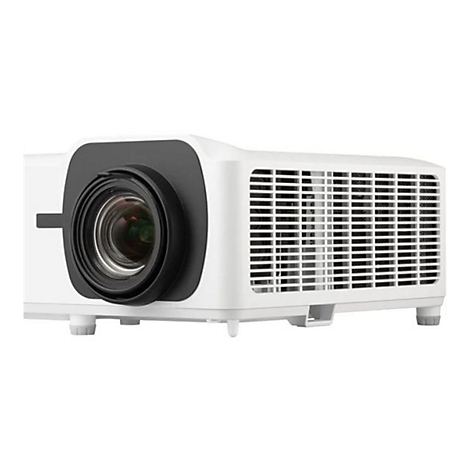 Projecteur blanc avec une grande lentille. Fentes de ventilation sur le côté.