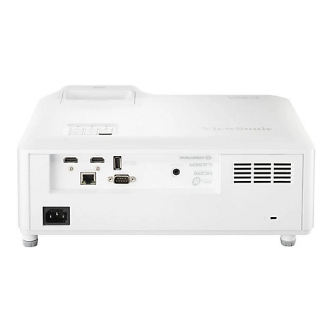 Projecteur ViewSonic blanc, vue arrière avec ports: HDMI, USB, Ethernet, VGA et alimentation, grille d'aération.