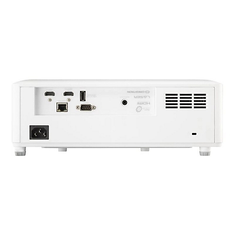 Vue arrière d'un projecteur blanc montrant des connexions telles que HDMI, USB et un port d'alimentation. Le texte 'CRESTRON' est également visible.