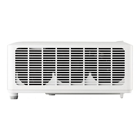 Projecteur blanc, vue de face. Fentes de ventilation noires, quatre pieds, sur fond blanc.