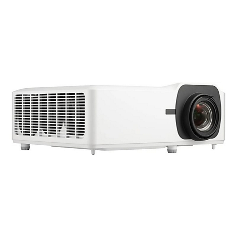 Projecteur blanc avec une lentille noire. Il y a des orifices de ventilation sur le côté gauche. Il repose sur trois petits pieds.