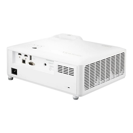 Projecteur ViewSonic blanc. On voit les entrées d'air, les ports et le câble d'alimentation.