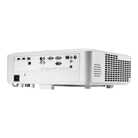 Rückseite eines weißen Projektors mit Anschlüssen für HDMI, VGA und Audio. Aufschrift: HDMI, HDBT, Crestron.