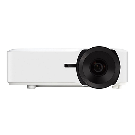 Weißer Projektor mit schwarzer Linse, isoliert auf weißem Hintergrund.