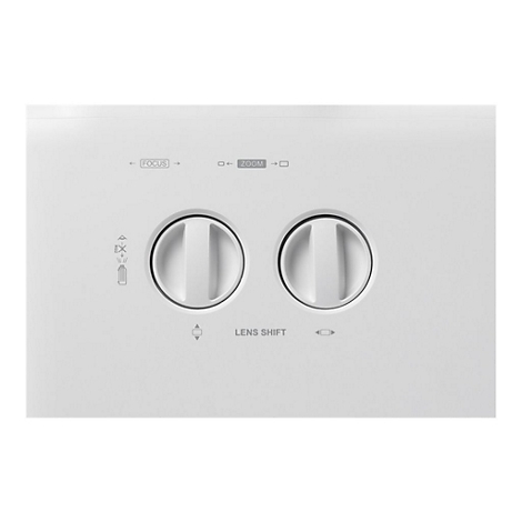 Nahaufnahme der Bedienelemente eines Projektors, zwei Drehregler, Beschriftung: Fokus, Zoom und Lens Shift.
