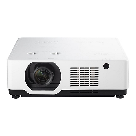 Un projecteur blanc avec une base noire, une lentille et des fentes d'aération.