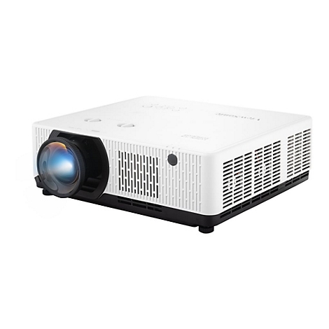 Projecteur blanc avec objectif noir et logo de l'entreprise. Sur socle noir, avec fentes d'aération.