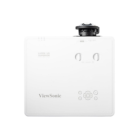 Projecteur ViewSonic blanc. Dessus : objectif et commandes. En bas : boutons. Inscription : Luminous Superior.