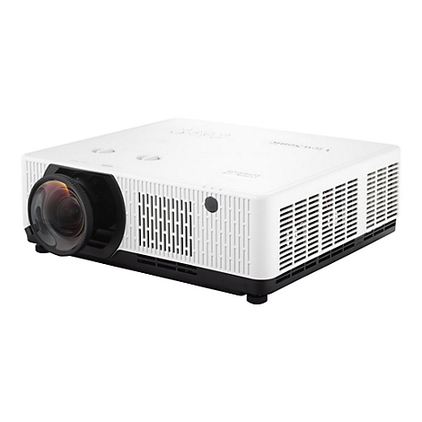 Weißer Beamer mit schwarzem Objektiv, schwarzem Sockel und Lüftungsschlitzen. Aufschrift ViewSonic.