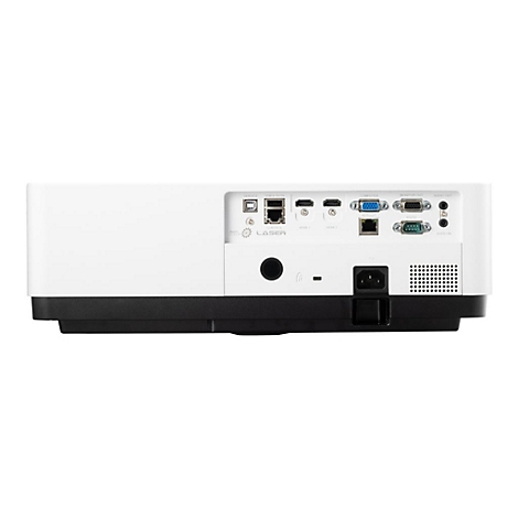 Rückseite eines weißen Projektors mit diversen Anschlüssen wie HDMI, USB, VGA und Stromanschluss.
