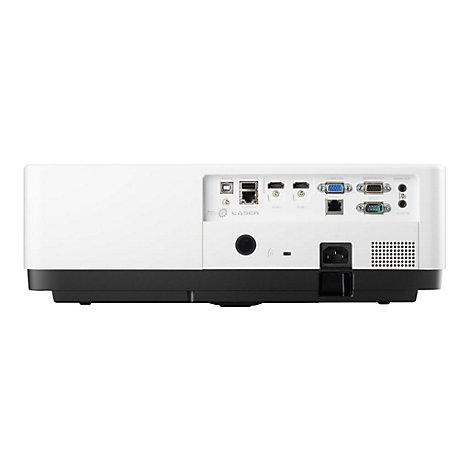 Rückseite eines weißen Projektors mit Anschlüssen für Strom, HDMI, VGA, Audio und USB.
