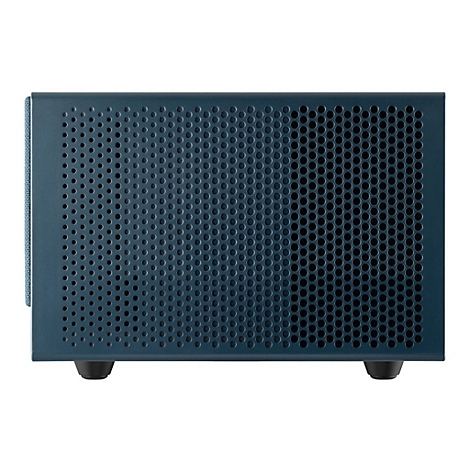 Blauer Lautsprecher mit perforierter Oberfläche und schwarzen Standfüßen.