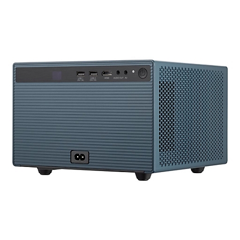 Blau-grauer Projektor mit geriffelter Front, Anschlüssen und perforierter Seite.