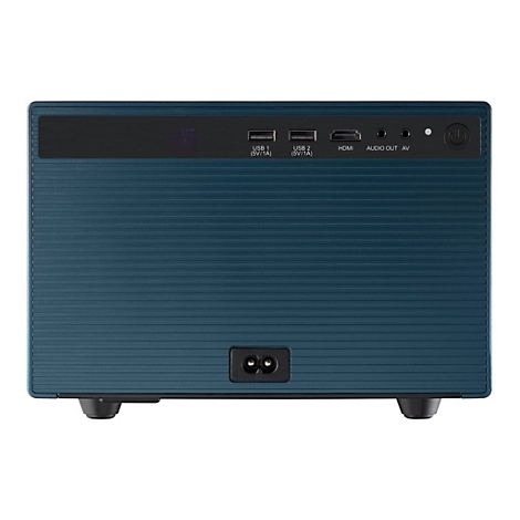 Blaues Gerät mit Anschlüssen für USB, HDMI und Stromanschluss. Auf der Oberseite befinden sich Tasten. Der Hintergrund ist neutral.