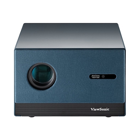 Blau-grauer Projektor mit Linse, schwarzem Streifen unten, "ViewSonic" und "Auto Focus 1920x1080".