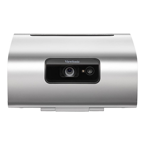 Ein silberner ViewSonic-Projektor mit schwarzem Objektiv. Der Projektor hat das ViewSonic-Logo.