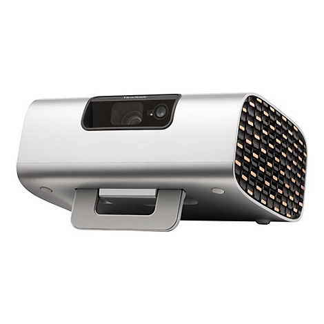 Silberner Projektor mit schwarzem Objektiv und Griff.